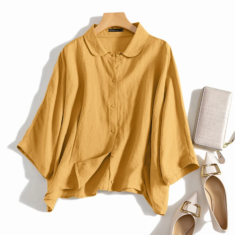 Cotton Solid Button Lapel Ruched Casual Blouse — view 4