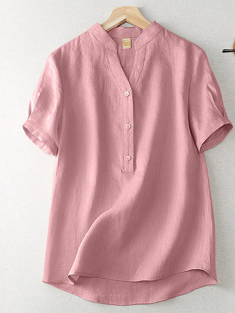 Cotton Solid Button Short Sleeve V Neck Casual Blouse — image 1