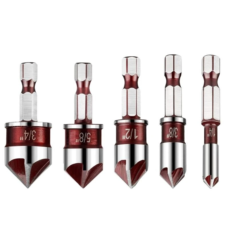Countersink Drill Bit Set 5 Flutes Hex Shank 82 Degree Tip Alloy Steel 1/4 to 3/4 Inch for Wood metal Plastic