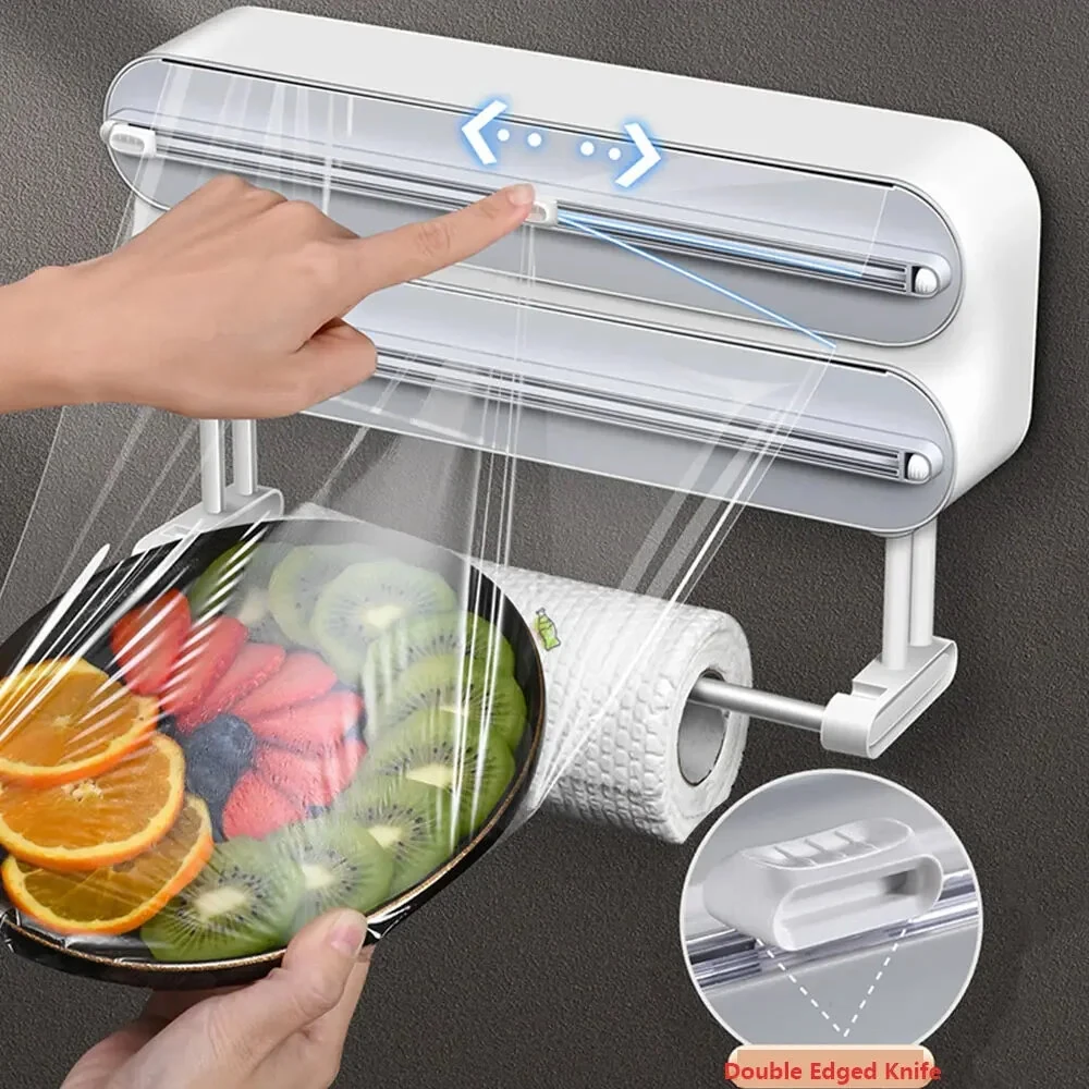 Creative Magnetic Wall-mounted Multifunctional Double-layer Plastic Wrap Cutter Baking Cutter Adjustable Kitchen Supplies Storage — Creative