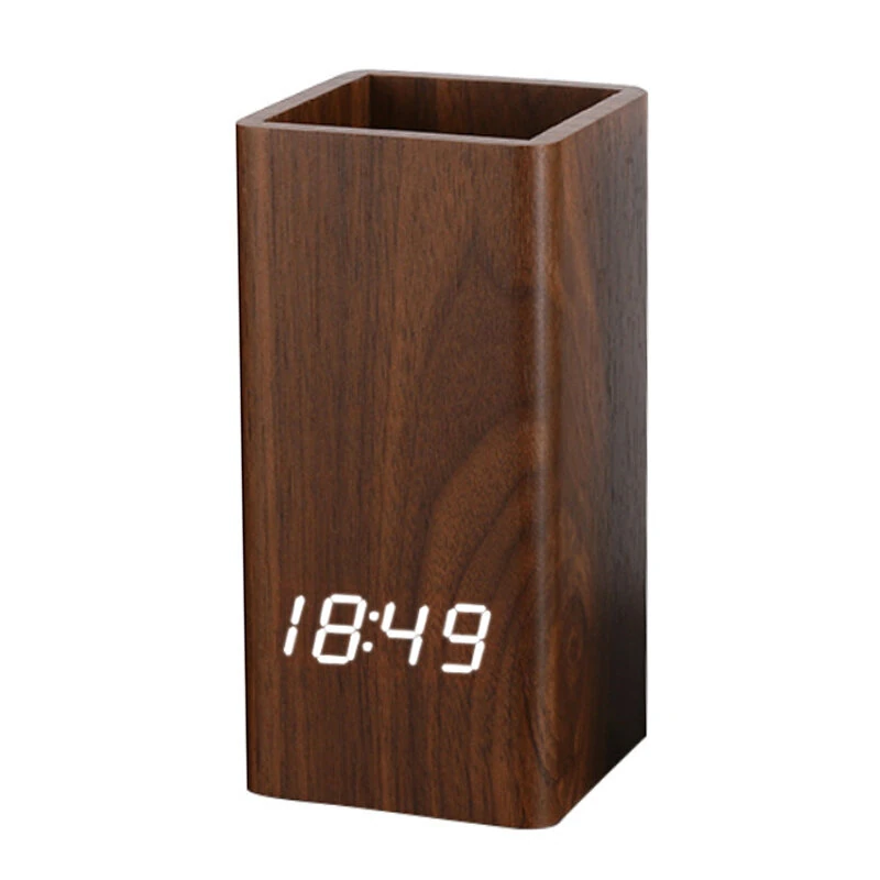 Creative Wooden Pen Holder Clock USB Voice Control Digital Pen Holder Alarm Clock LED Pencil Organizer with LED — Creative