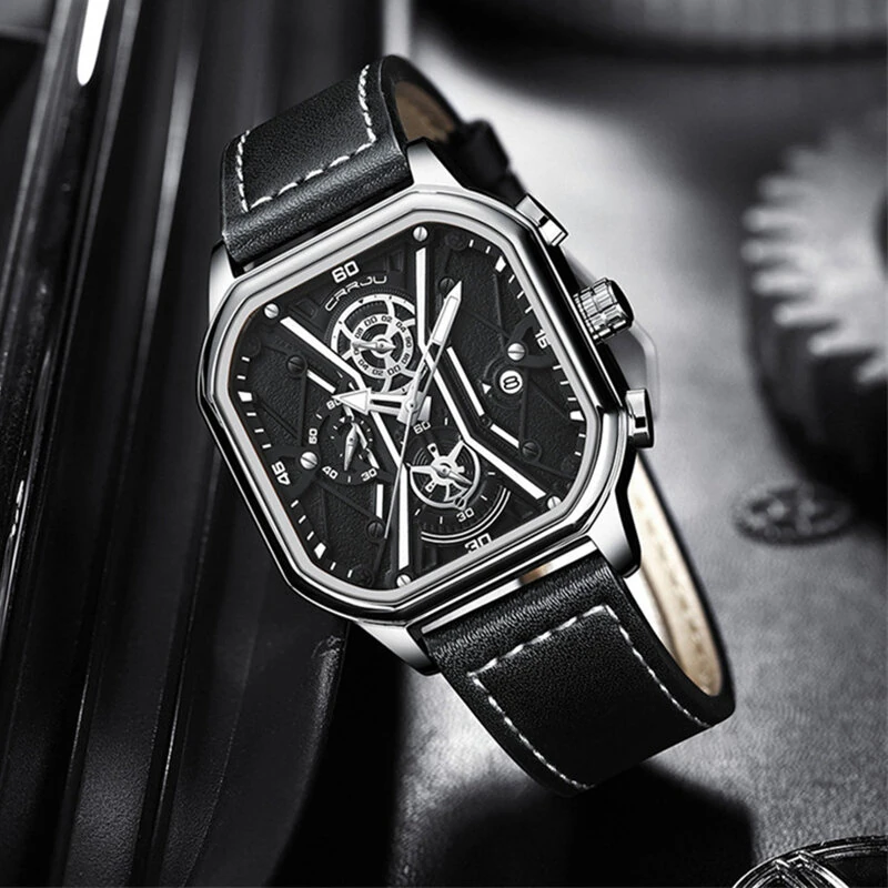 CRRJU Fashion Square Men's Watches Bussiness Quartz Watch Luxury Leather Wristwatch Waterproof Chronograph Sports Watch — view 10