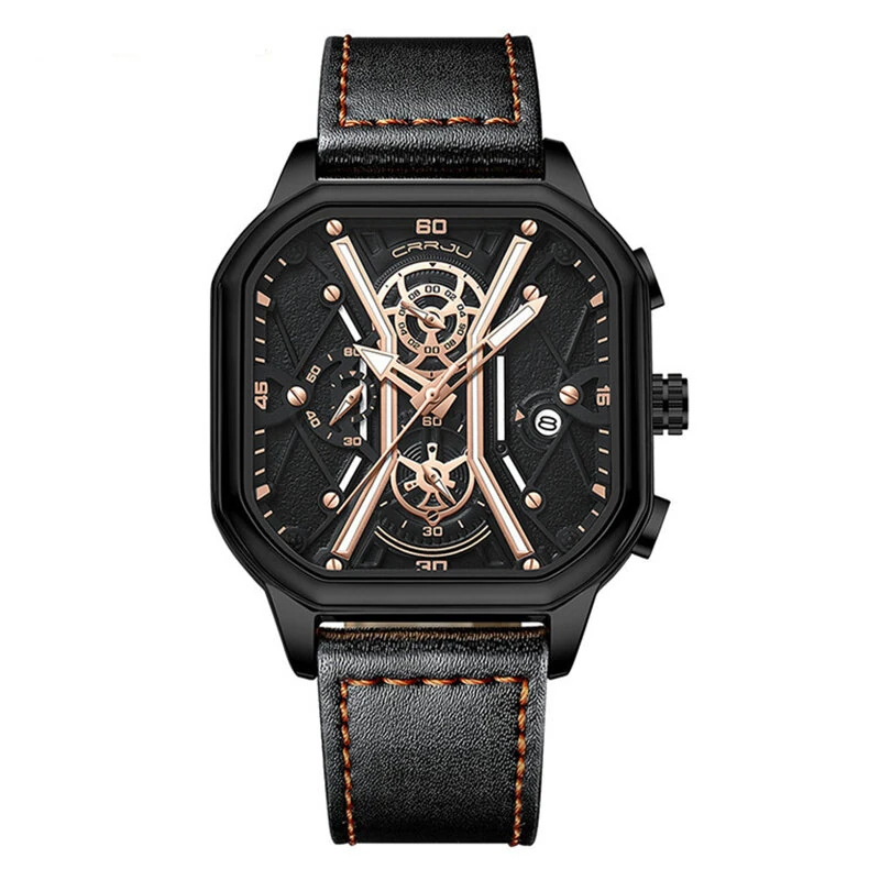 CRRJU Fashion Square Men's Watches Bussiness Quartz Watch Luxury Leather Wristwatch Waterproof Chronograph Sports Watch — view 3