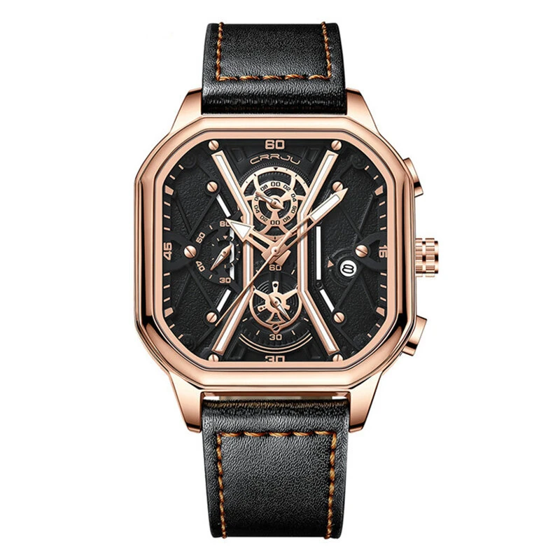 CRRJU Fashion Square Men's Watches Bussiness Quartz Watch Luxury Leather Wristwatch Waterproof Chronograph Sports Watch — view 4