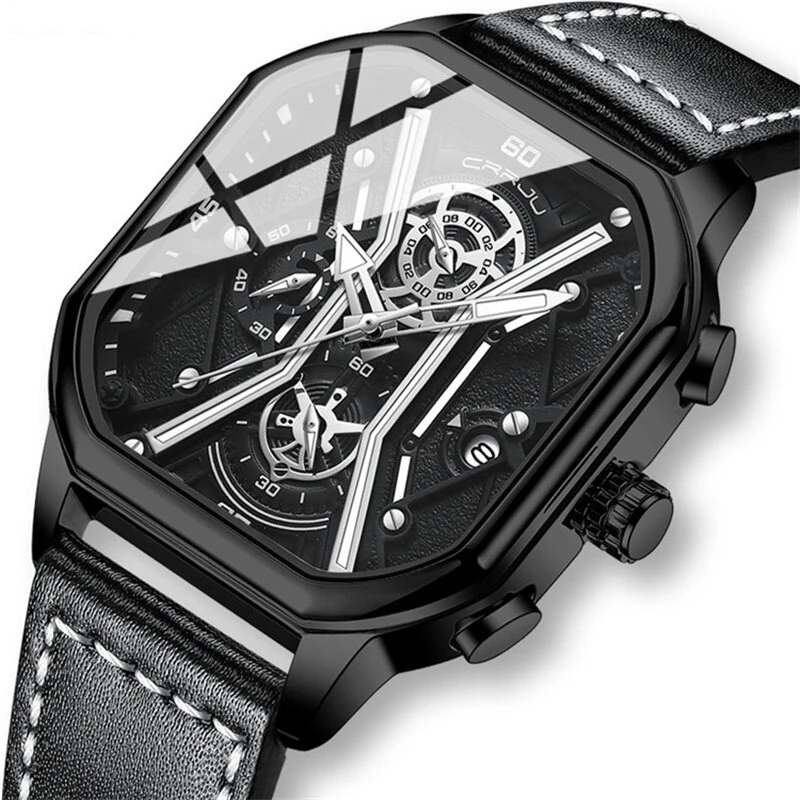 CRRJU Fashion Square Men's Watches Bussiness Quartz Watch Luxury Leather Wristwatch Waterproof Chronograph Sports Watch — view 5