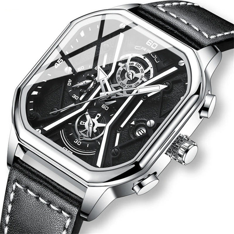 CRRJU Fashion Square Men's Watches Bussiness Quartz Watch Luxury Leather Wristwatch Waterproof Chronograph Sports Watch — view 6