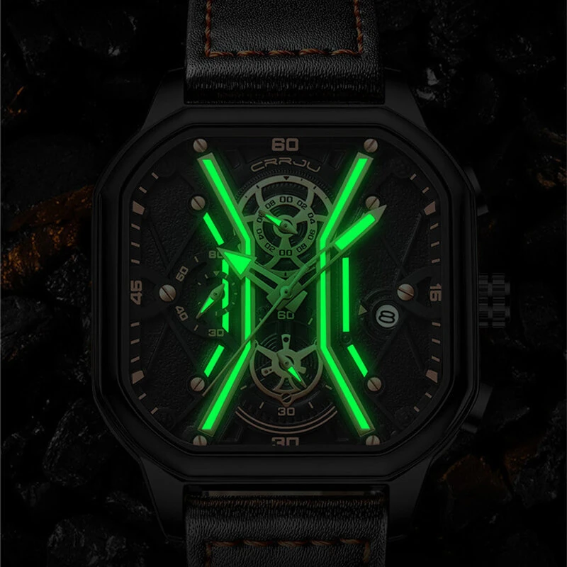 CRRJU Fashion Square Men's Watches Bussiness Quartz Watch Luxury Leather Wristwatch Waterproof Chronograph Sports Watch — view 7