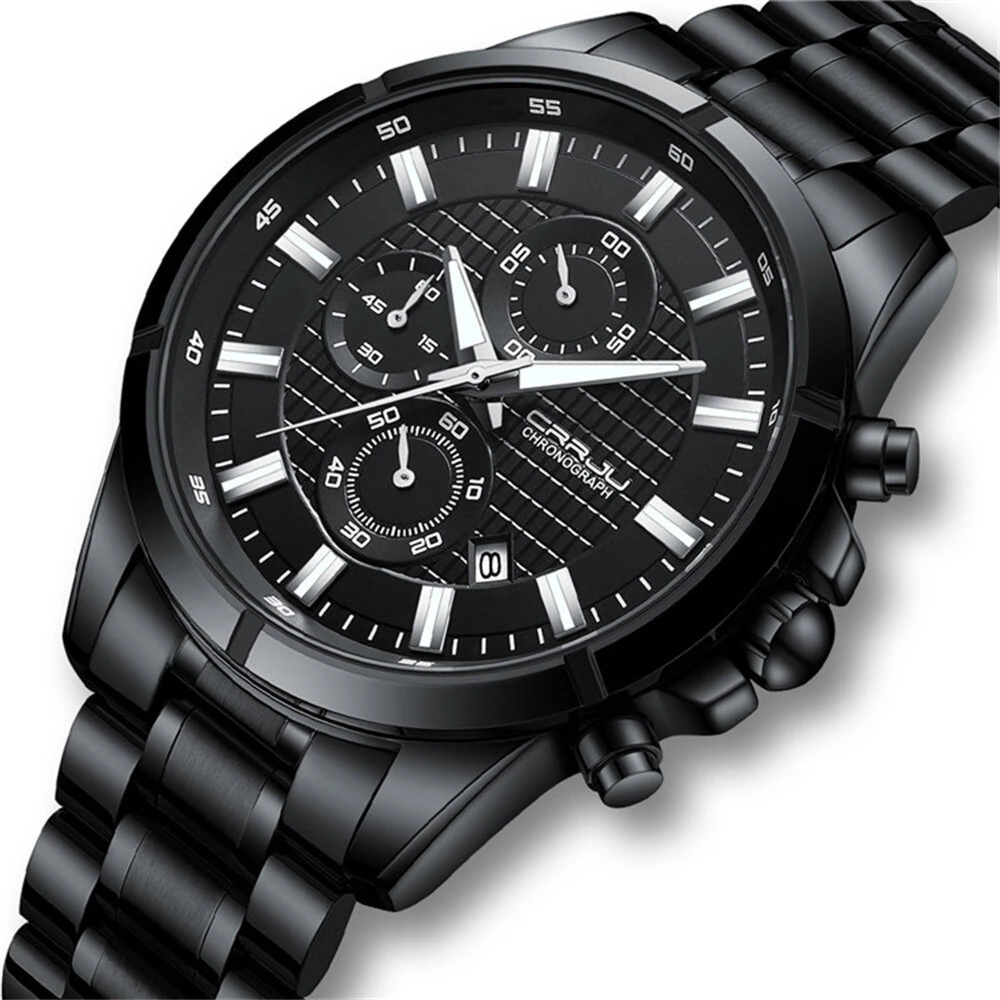 CRRJU Fashion Waterproof Luminous Men Watch Business Casual Multifunctional Chronograph Date Quartz Wristwatch