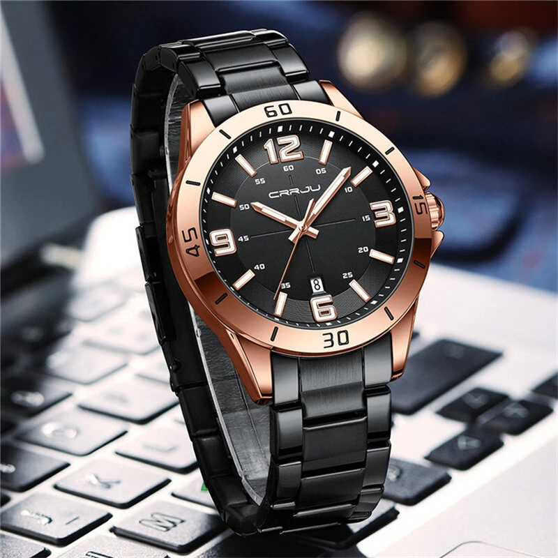 CRRJU Luxury Men's Business Watches Fashion Stainless Steel Quartz Watches Auto Date Luminous Steel Bracelet Wristwatch — view 3