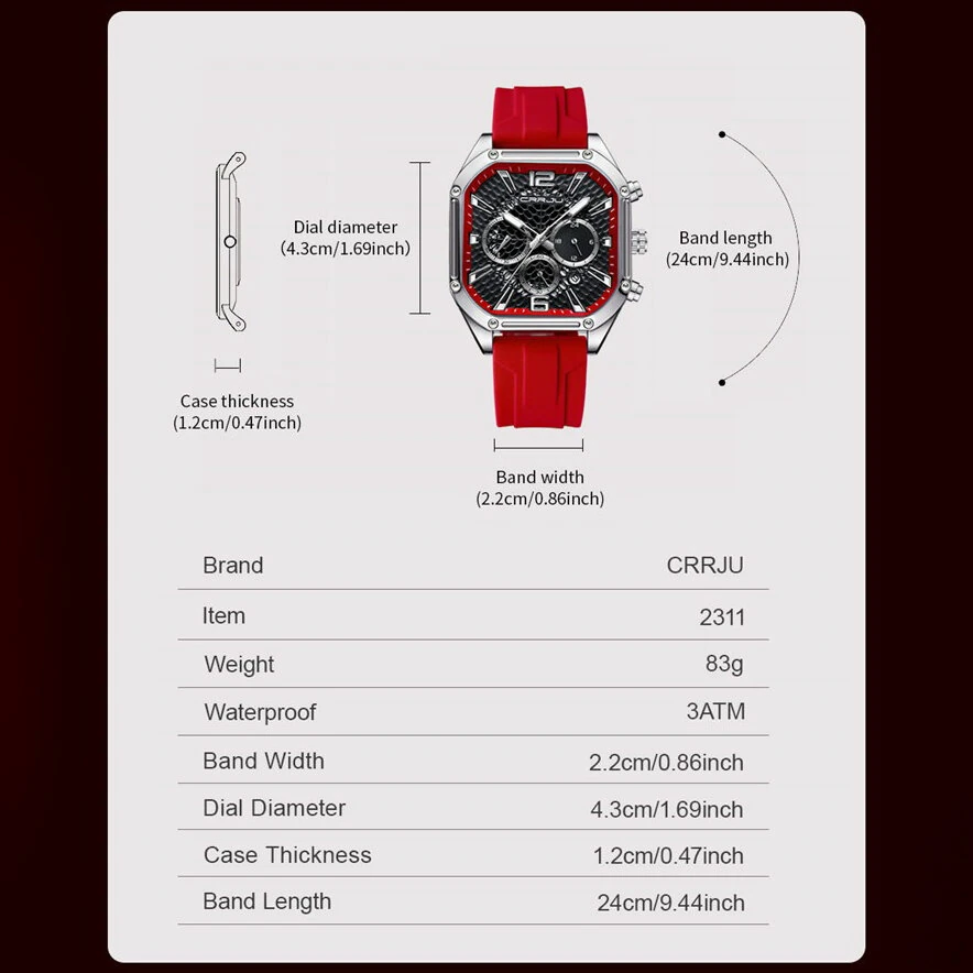 CRRJU Men's Business Quartz Watch Silicone Strap Waterproof Sport Wristwatch with Automatic Date Casual Design and Watch Box — view 3