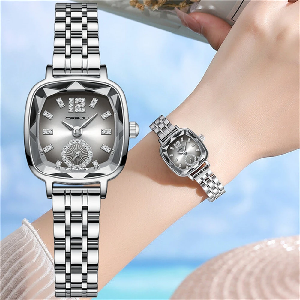 CRRJU Stainless Steel Women Watch Square Luxury Rhinestone Quartz Watch Business Waterproof Fashion Wrist Watch — view 6