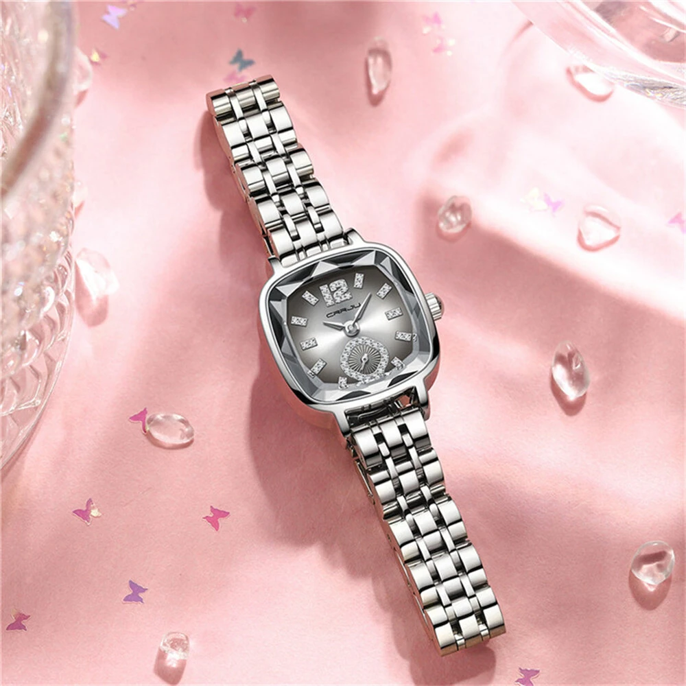 CRRJU Stainless Steel Women Watch Square Luxury Rhinestone Quartz Watch Business Waterproof Fashion Wrist Watch — view 7