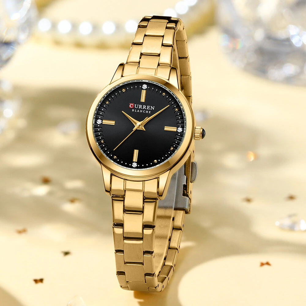 CURREN Luxury Brand Elegant Simple Rhinestone Quartz Watch Waterproof Stainless Steel Strap Gold Wristwatch — view 6