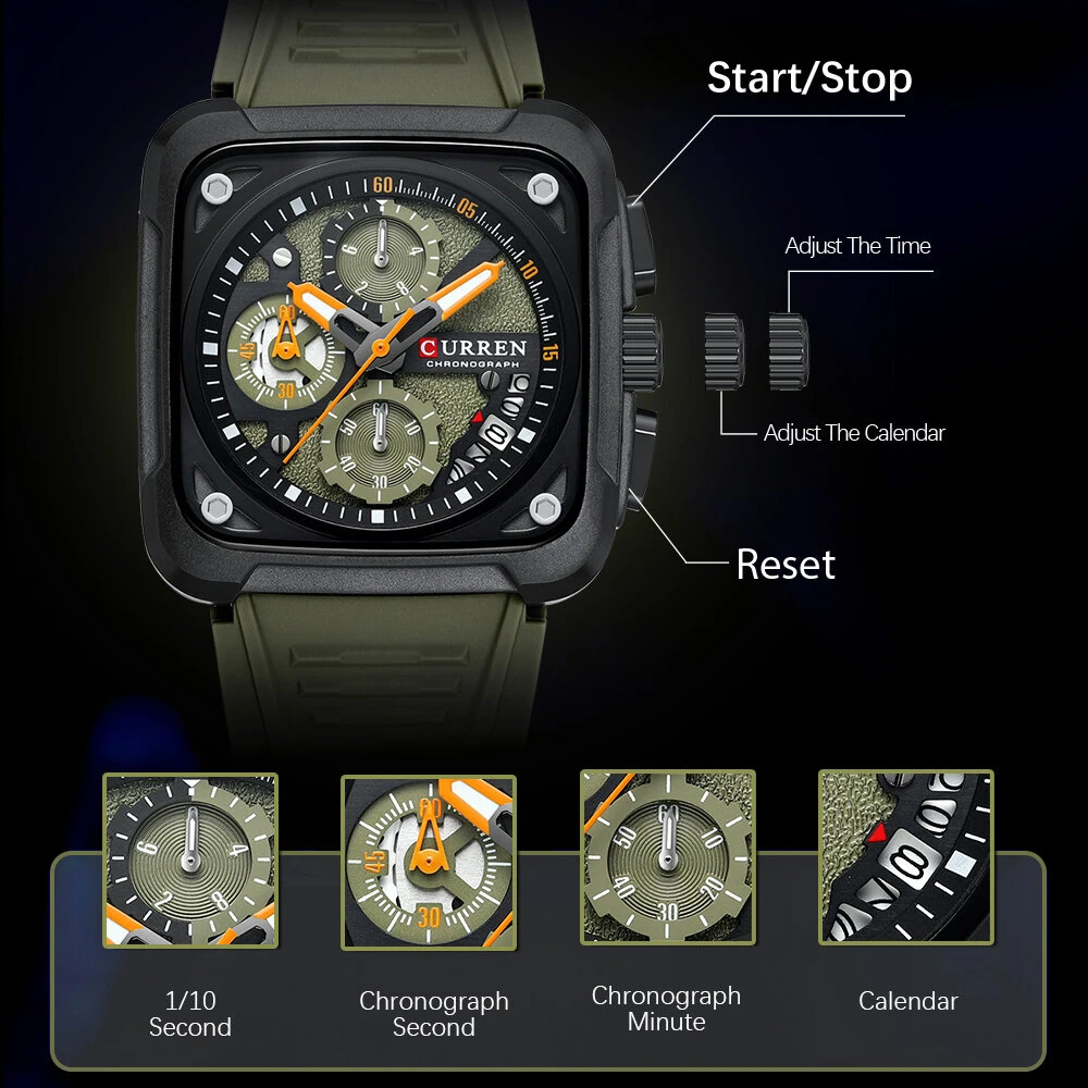 CURREN Men's Fashion Luminous Sports Watches Unique Square Dial with Chronograph Calendar Waterproof Silicone Strap Quartz Wristwatch — view 4