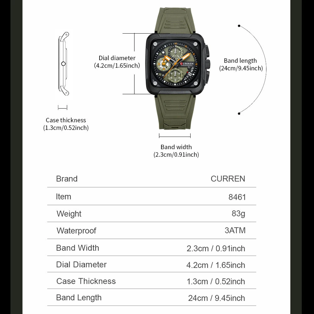 CURREN Men's Fashion Luminous Sports Watches Unique Square Dial with Chronograph Calendar Waterproof Silicone Strap Quartz Wristwatch — view 5