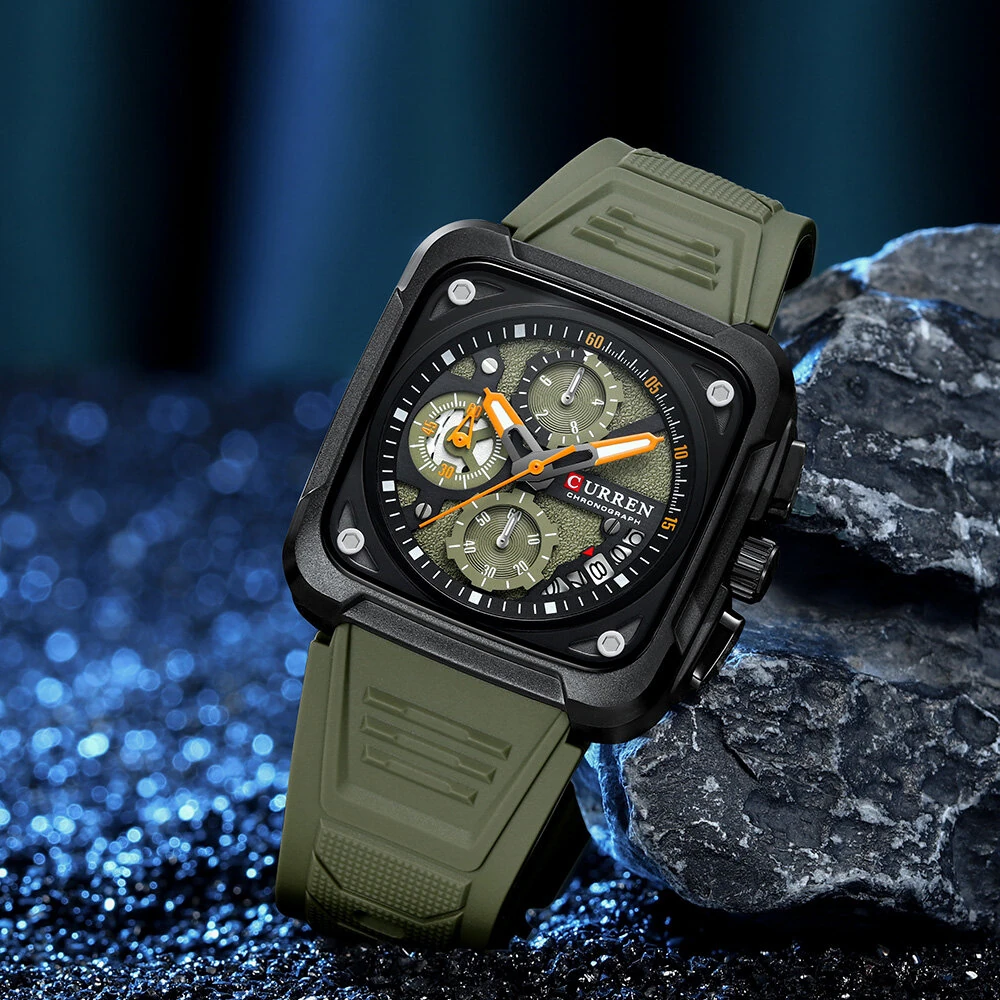 CURREN Men's Fashion Luminous Sports Watches Unique Square Dial with Chronograph Calendar Waterproof Silicone Strap Quartz Wristwatch — view 6