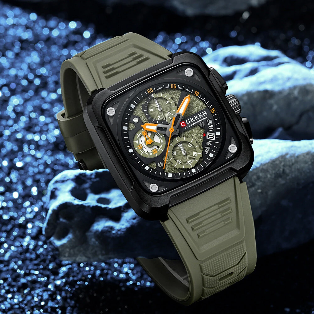 CURREN Men's Fashion Luminous Sports Watches Unique Square Dial with Chronograph Calendar Waterproof Silicone Strap Quartz Wristwatch — view 7