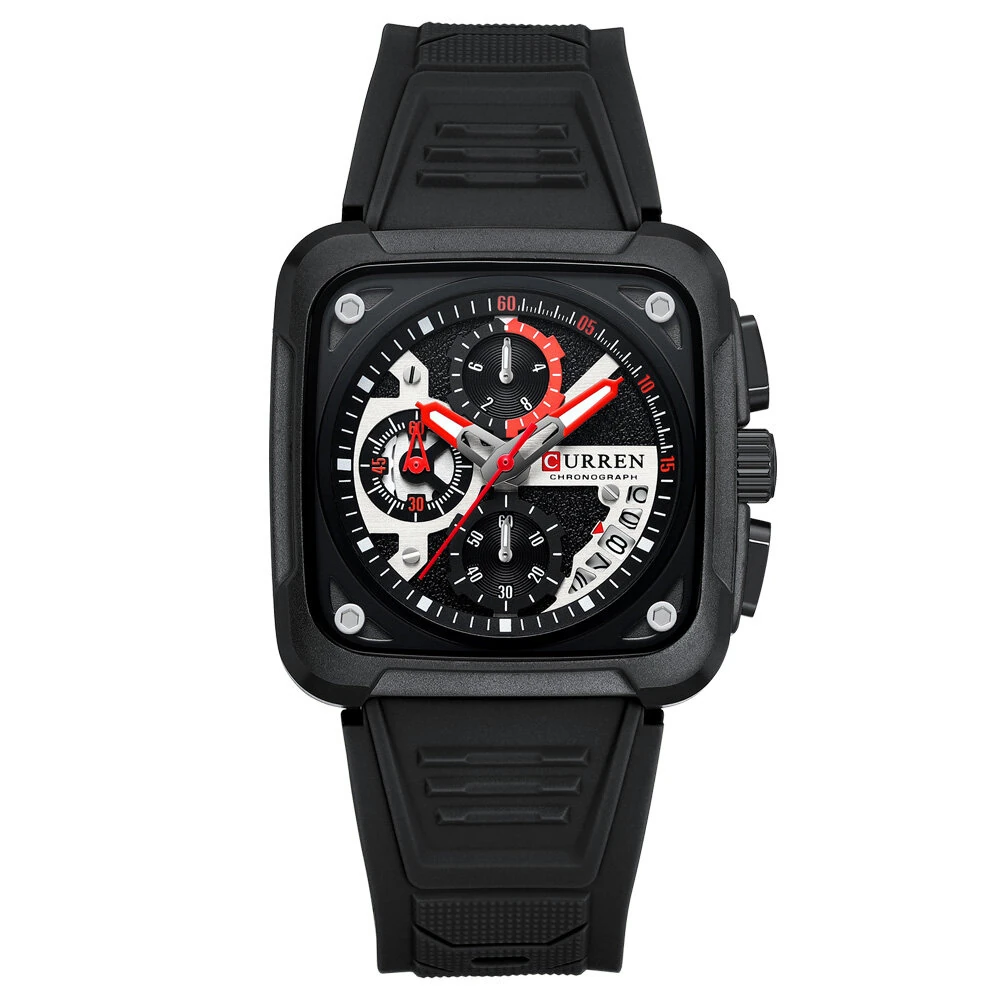 CURREN Men's Fashion Luminous Sports Watches Unique Square Dial with Chronograph Calendar Waterproof Silicone Strap Quartz Wristwatch — view 8