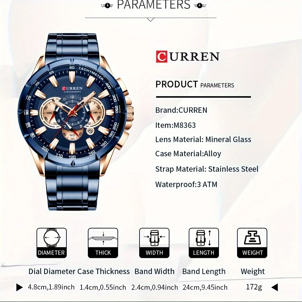 CURREN Men Watch Chronograph Quartz Wristwatch Waterproof Stainless Steel Sports Watches for Men Analog Calendar Wrist Watch — view 7