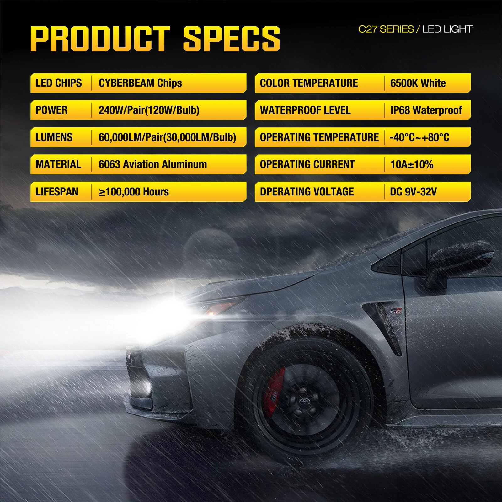 CYBERBEAM A900-C27 H4 / H7 / H11 / H13 / 9012 / 9005 240W 60000LM Pair Car LED Front Headlights LED Bulbs 6500K Bright White Light IP68 Waterproof — view 10
