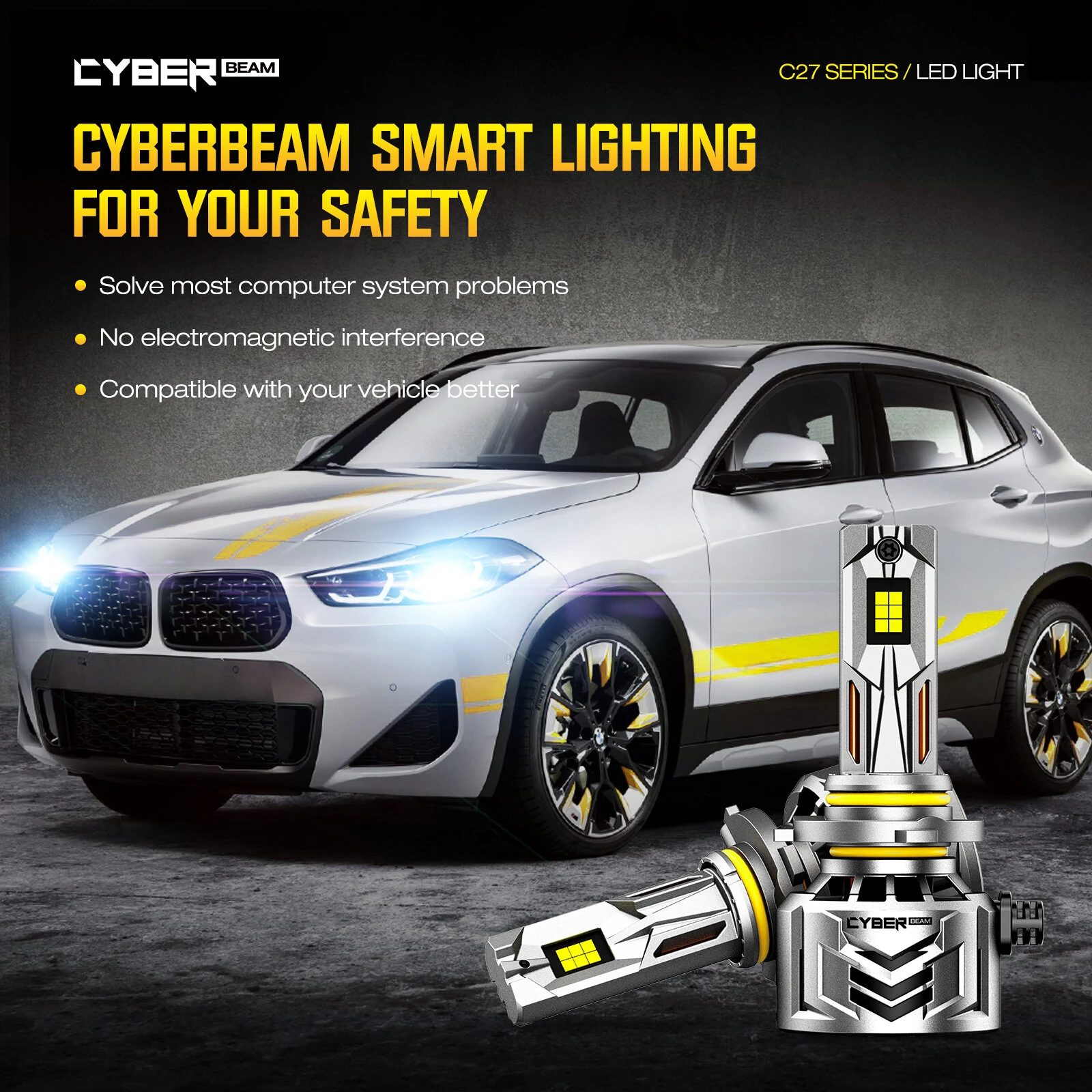 CYBERBEAM A900-C27 H4 / H7 / H11 / H13 / 9012 / 9005 240W 60000LM Pair Car LED Front Headlights LED Bulbs 6500K Bright White Light IP68 Waterproof — view 3