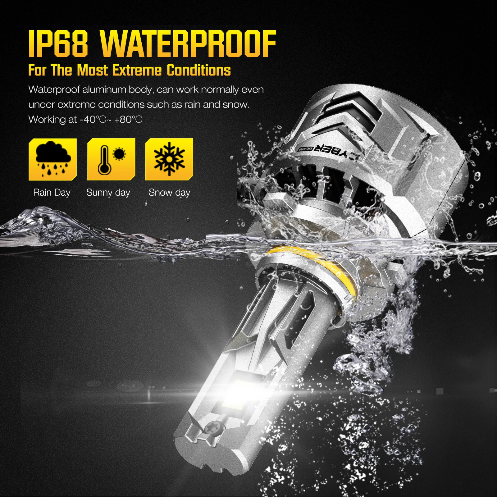 CYBERBEAM A900-C27 H4 / H7 / H11 / H13 / 9012 / 9005 240W 60000LM Pair Car LED Front Headlights LED Bulbs 6500K Bright White Light IP68 Waterproof — view 5