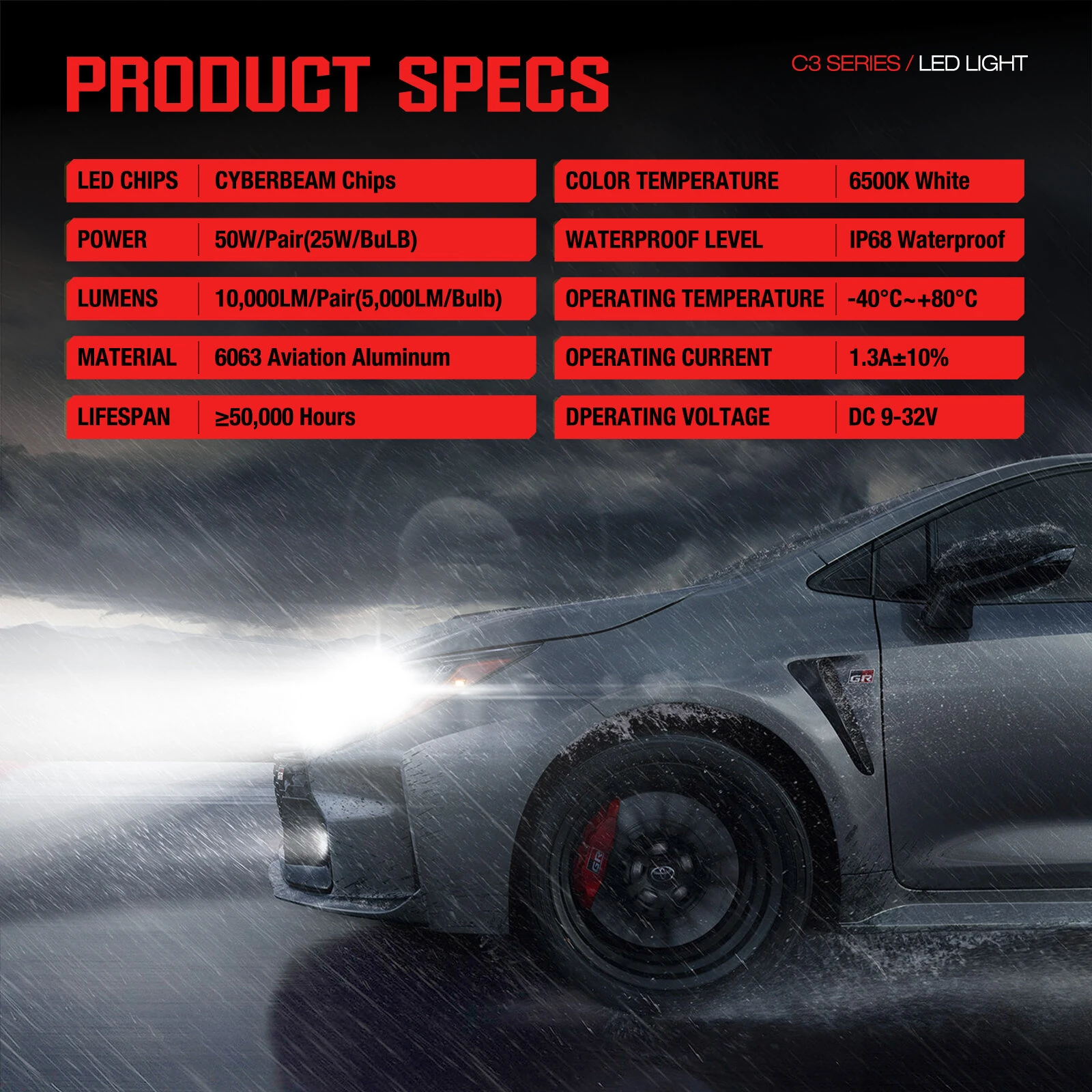 CYBERBEAM A900-C3 H4 / H7 / H11 / 9005 / 9006 Pair 50W Car LED Headlights 10000LM LED Bulbs 6500K White Light LED Headlamps IP68 Waterproof — view 9