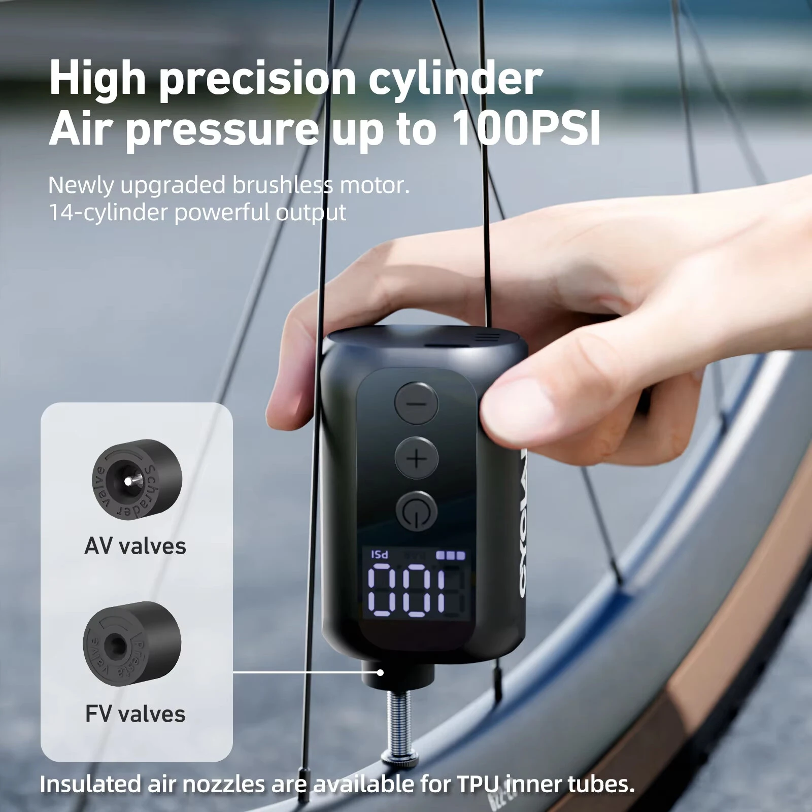 CYCLAMI A5S 100 PSI Mini Electric Air Pump Portable Fast Inflation Bike Air Pump with Schrader/Presta Digital Screen Display Road MTB Tire Inflator — view 2