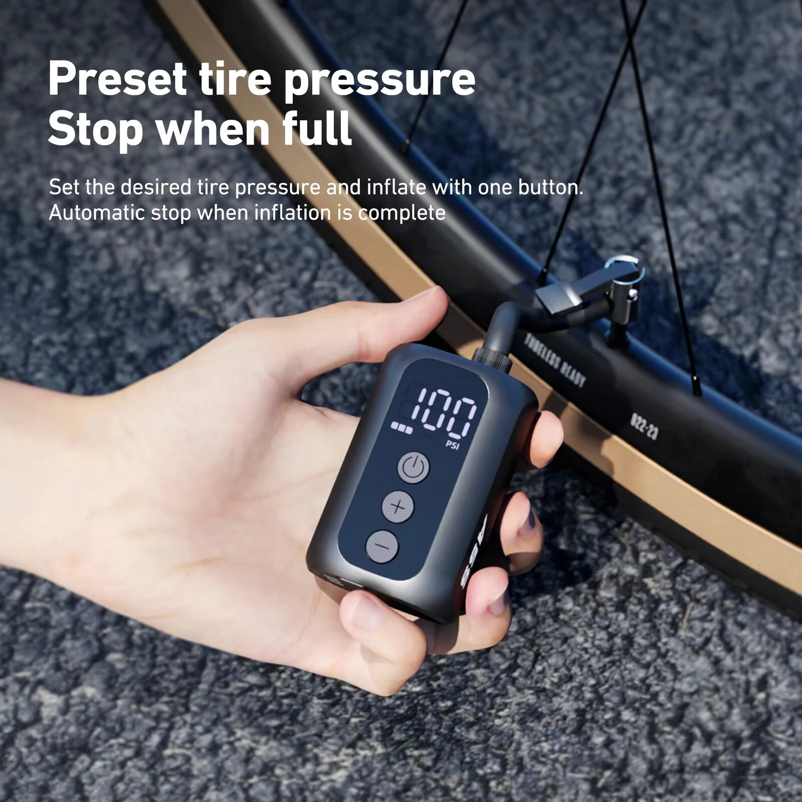 CYCLAMI A5S 100 PSI Mini Electric Air Pump Portable Fast Inflation Bike Air Pump with Schrader/Presta Digital Screen Display Road MTB Tire Inflator — view 4