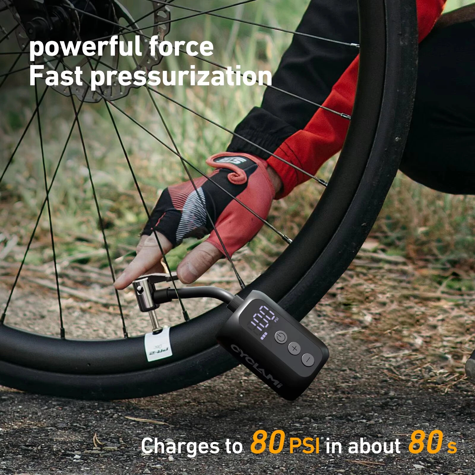 CYCLAMI A5S 100 PSI Mini Electric Air Pump Portable Fast Inflation Bike Air Pump with Schrader/Presta Digital Screen Display Road MTB Tire Inflator — view 5