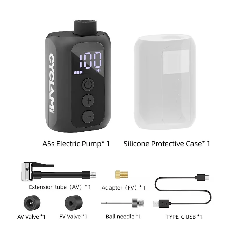 CYCLAMI A5S 100 PSI Mini Electric Air Pump Portable Fast Inflation Bike Air Pump with Schrader/Presta Digital Screen Display Road MTB Tire Inflator — view 7