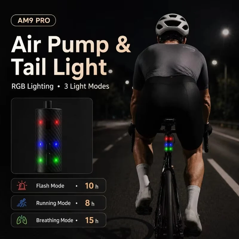 CYCLAMI AM9 Pro Mini Bike Pump 130 PSI Portable Electric Tire Inflator with 2-in-1 Tail Light LED Display for MTB Road Bicycle — view 4