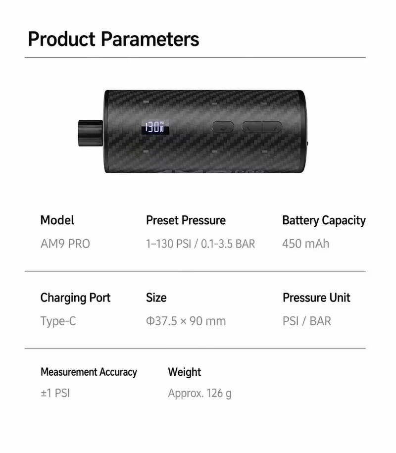 CYCLAMI AM9 Pro Mini Bike Pump 130 PSI Portable Electric Tire Inflator with 2-in-1 Tail Light LED Display for MTB Road Bicycle — view 8