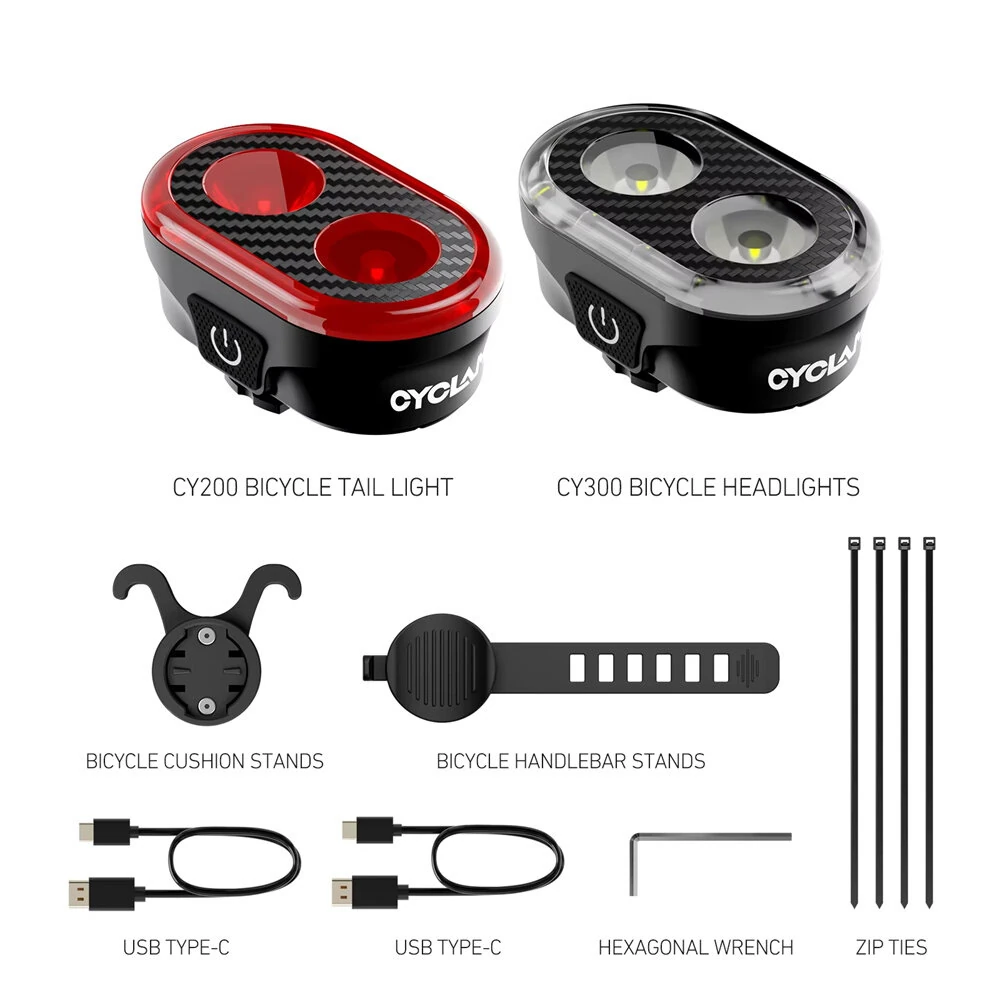 CYCLAMI CY300T 2PCS Bicycle Smart Front Rear Brake Sensing Lights Waterproof Type-C Charging Bike Lighting Headlight Warning Taillight for MTB Road Cycling — view 7