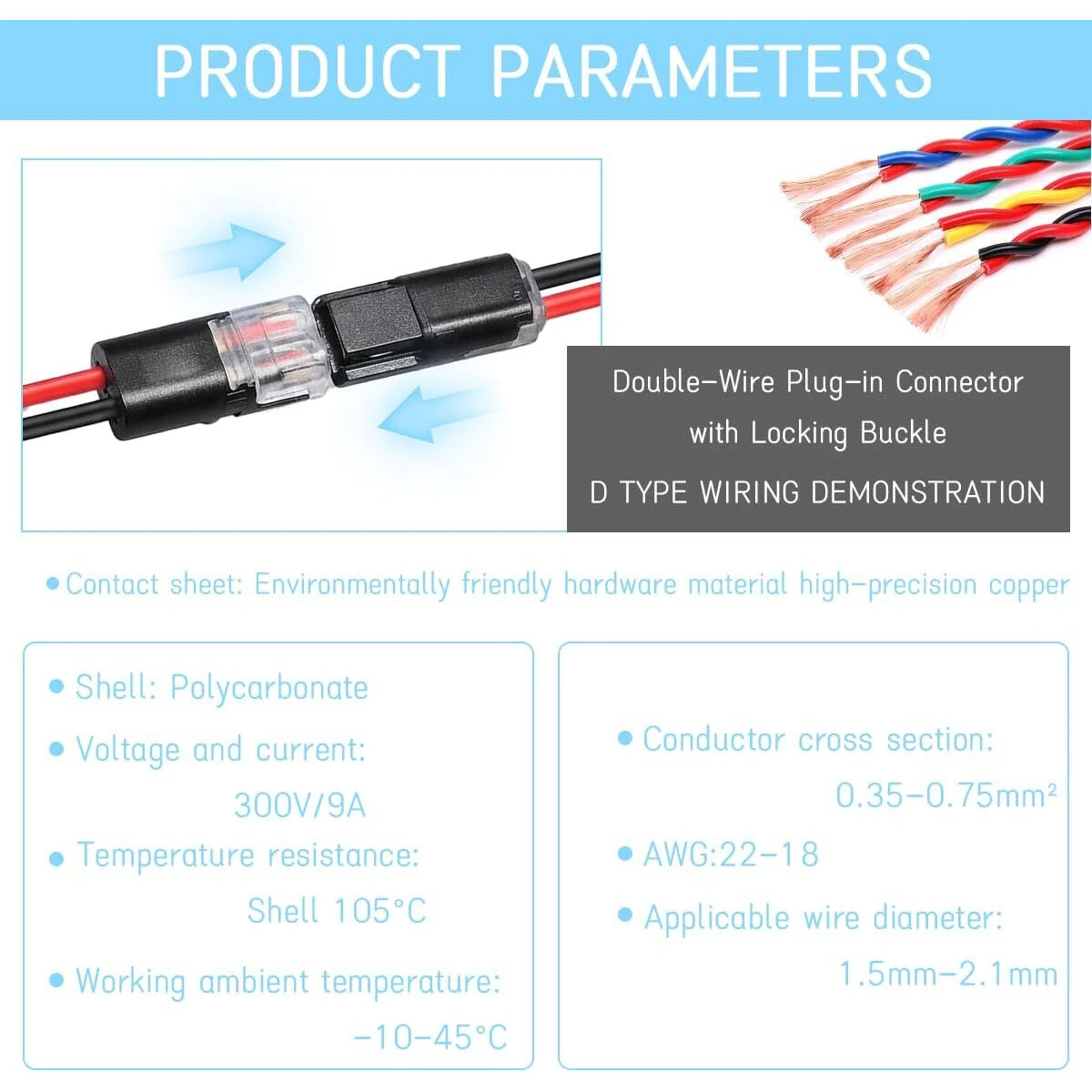 D2 Quick-connect Terminal Double Wire Plug-In Connector With Locking Buckle 2 Pin 300V 9A Quick-Clip Fasteners Low Voltage LED Strip Wire Connector — view 4
