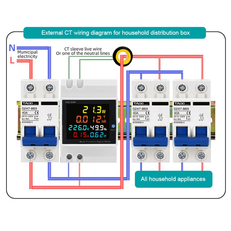 D52-2066 6-in-1 Digital Single Phase Energy Meter with LCD Display Din Rail Mount Power/Voltage/Current/Energy/Frequency Monitor Metering — view 3