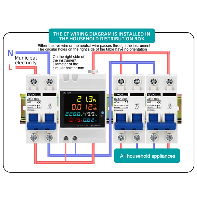 D52-2066 6-in-1 Digital Single Phase Energy Meter with LCD Display Din Rail Mount Power/Voltage/Current/Energy/Frequency Monitor Metering — view 4