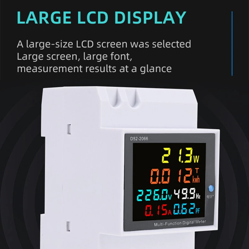 D52-2066 6-in-1 Digital Single Phase Energy Meter with LCD Display Din Rail Mount Power/Voltage/Current/Energy/Frequency Monitor Metering — view 6