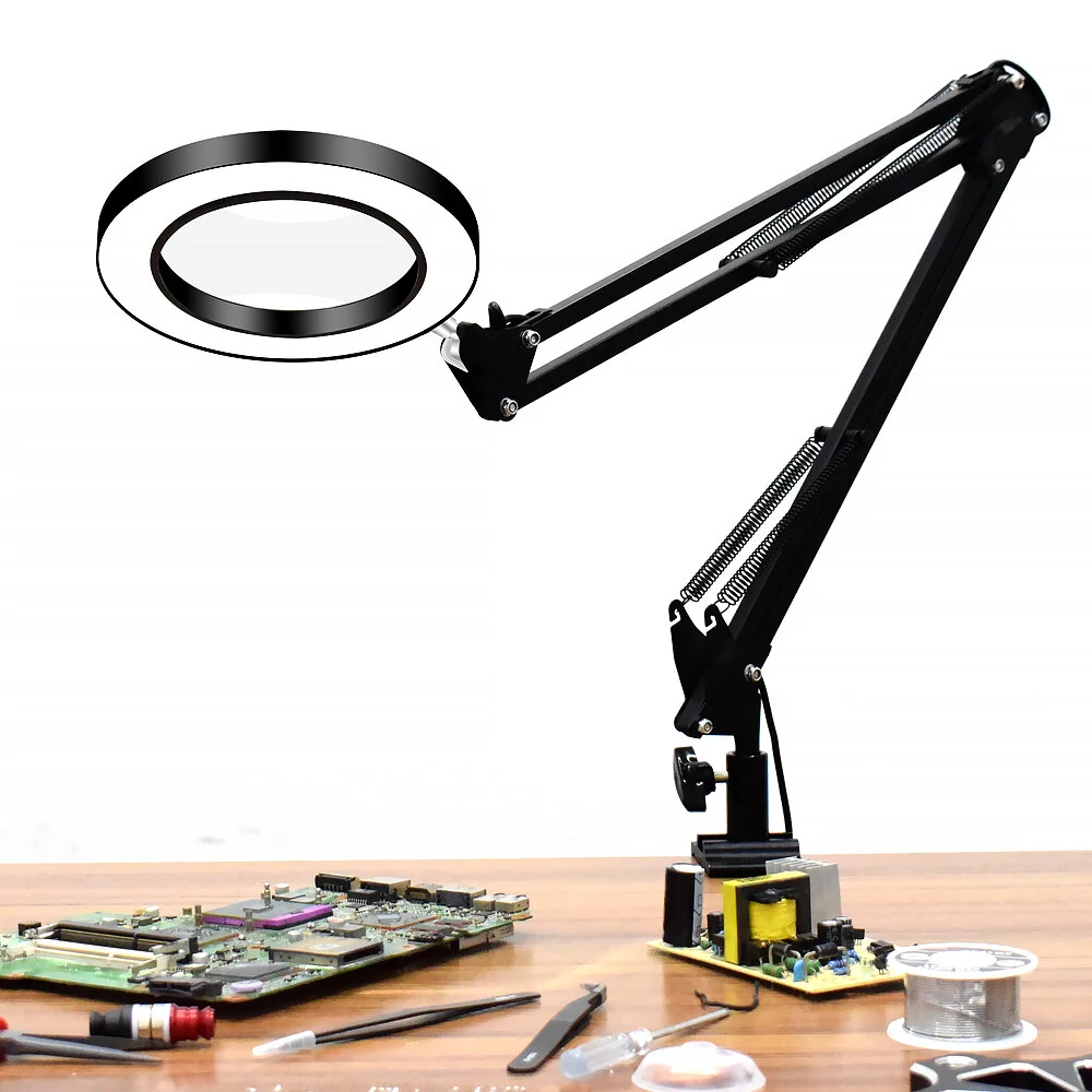 DANIU Flexible Desk Large 5X USB LED Magnifying Glass 33cm+33cm Bracket 3 Colors Illuminated Magnifier Lamp Loupe — DANIU