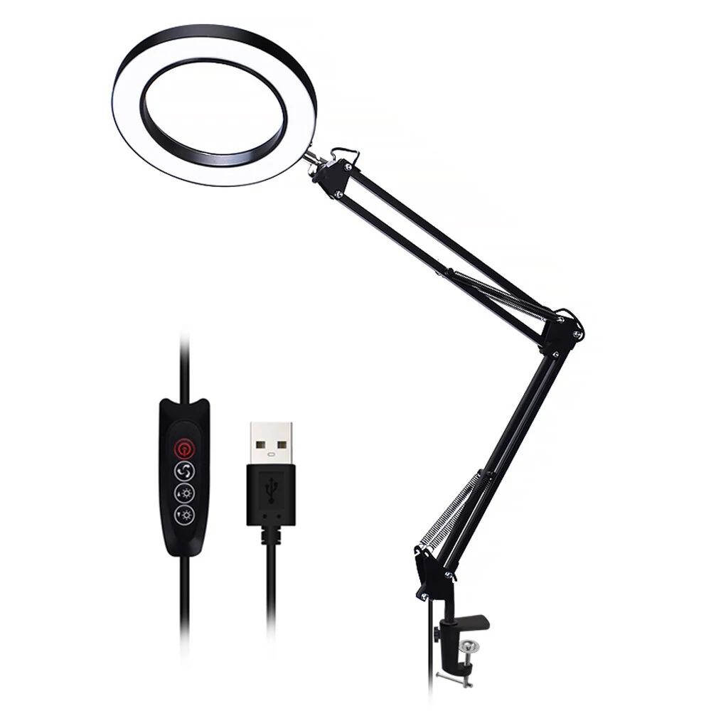 DANIU Flexible Desk Large 5X USB LED Magnifying Glass 33cm+33cm Bracket 3 Colors Illuminated Magnifier Lamp Loupe — view 6