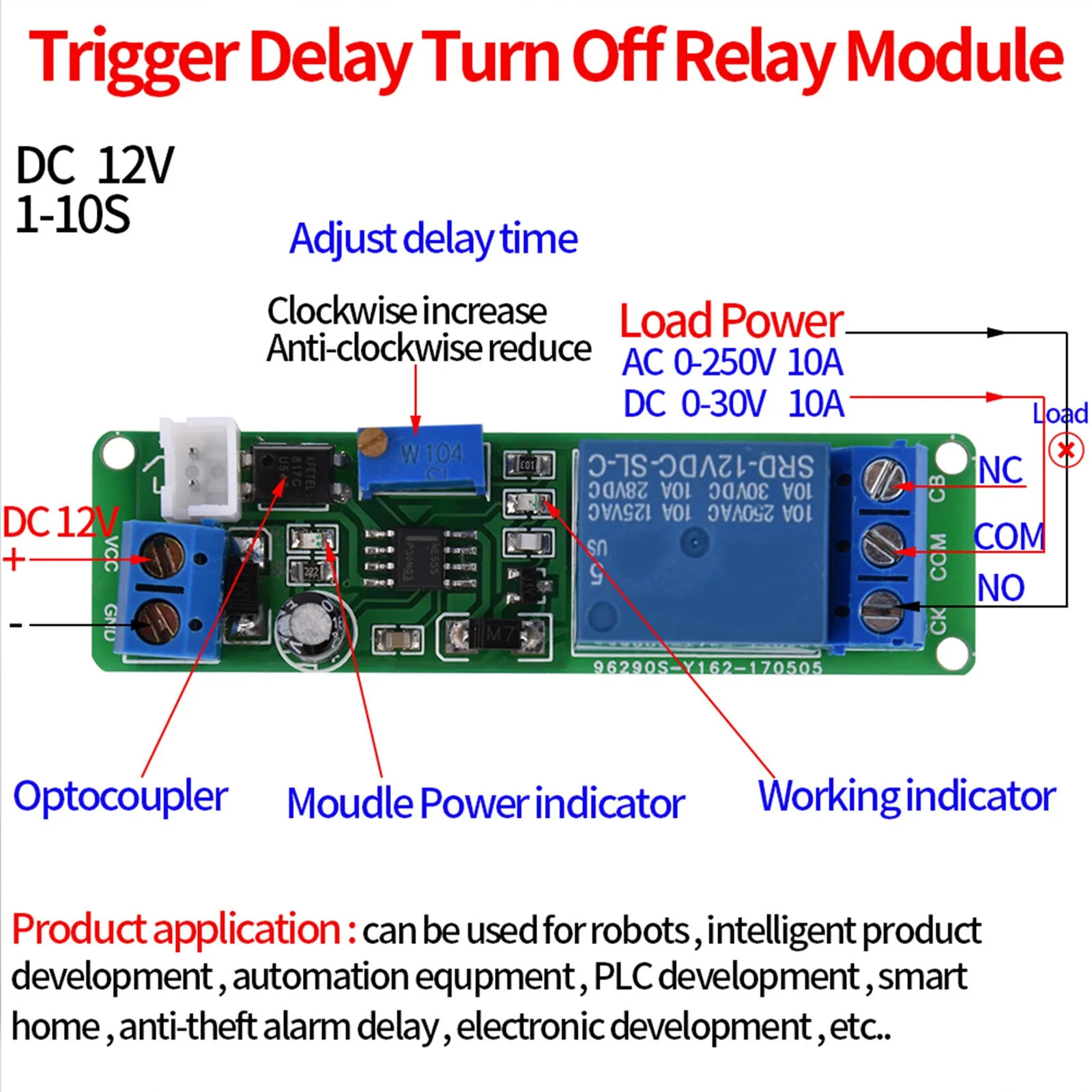 DC 12V Adjustable Timer Delay Turn Off Timing High Precision Relay Switch Module with External Button Trigger — view 5