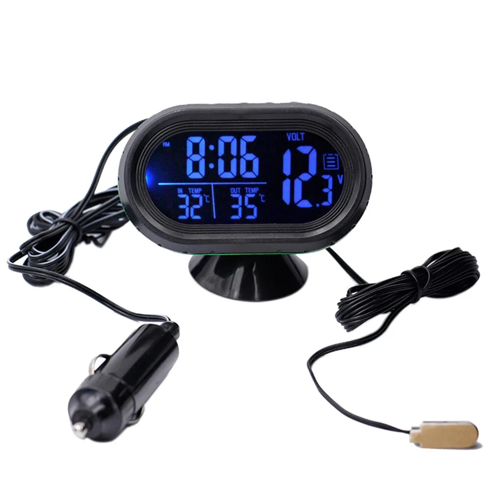 Digital Car Thermometer Temperature Monitor Car Ornament Luminous Clock Voltmeter DC 12V-24V Time Date Dual Display Freeze Alert — view 2