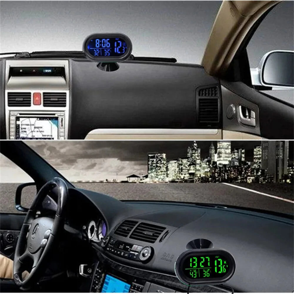 Digital Car Thermometer Temperature Monitor Car Ornament Luminous Clock Voltmeter DC 12V-24V Time Date Dual Display Freeze Alert — view 3