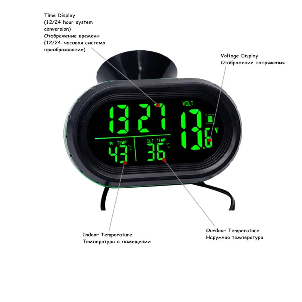 Digital Car Thermometer Temperature Monitor Car Ornament Luminous Clock Voltmeter DC 12V-24V Time Date Dual Display Freeze Alert — view 4
