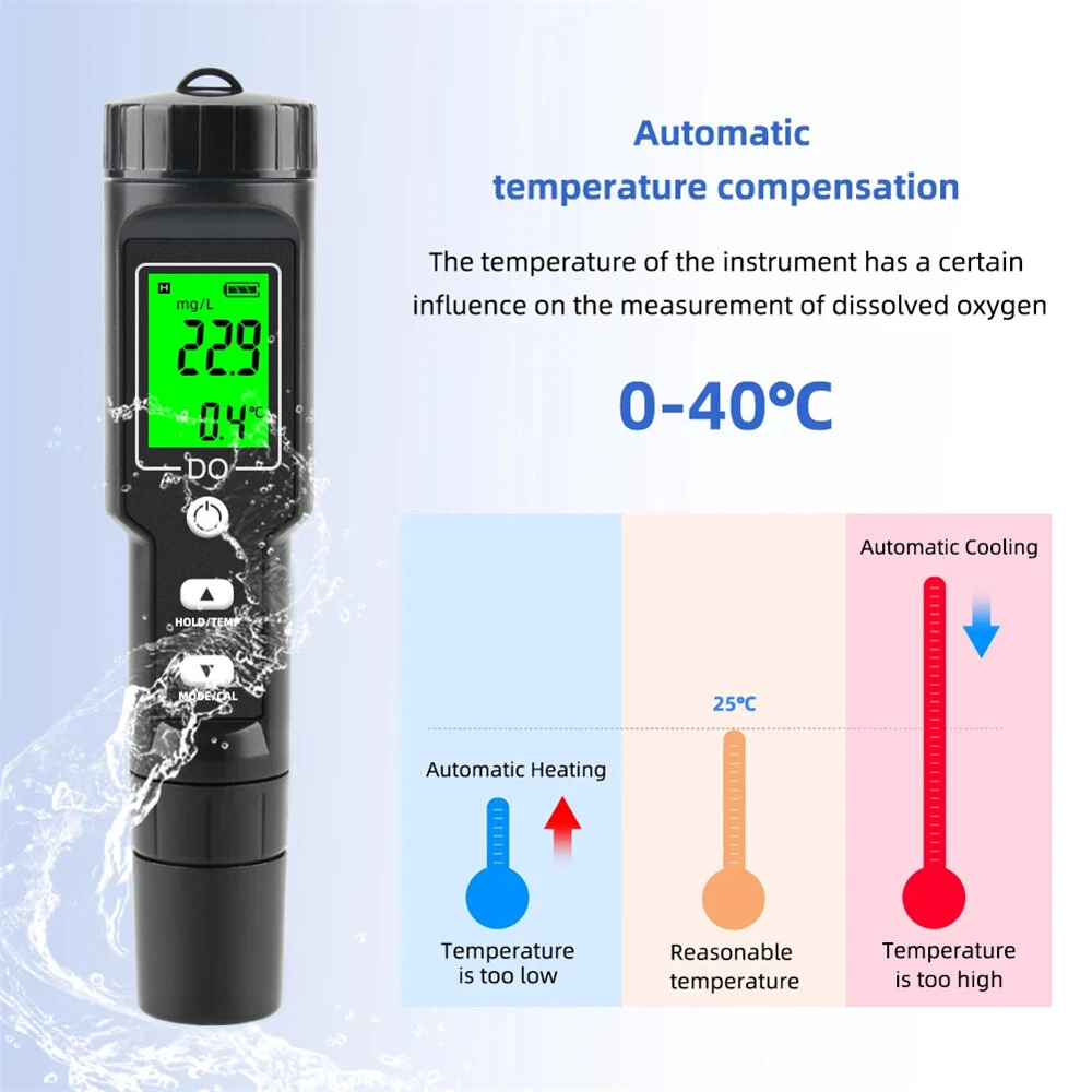 Digital Dissolved Oxygen Meter 0.0-40.0 mg/L ATC Backlight LCD Display Accurate Water DO Tester for Aquariums Pools Ponds Aquaculture with Temperature Measurement — view 3