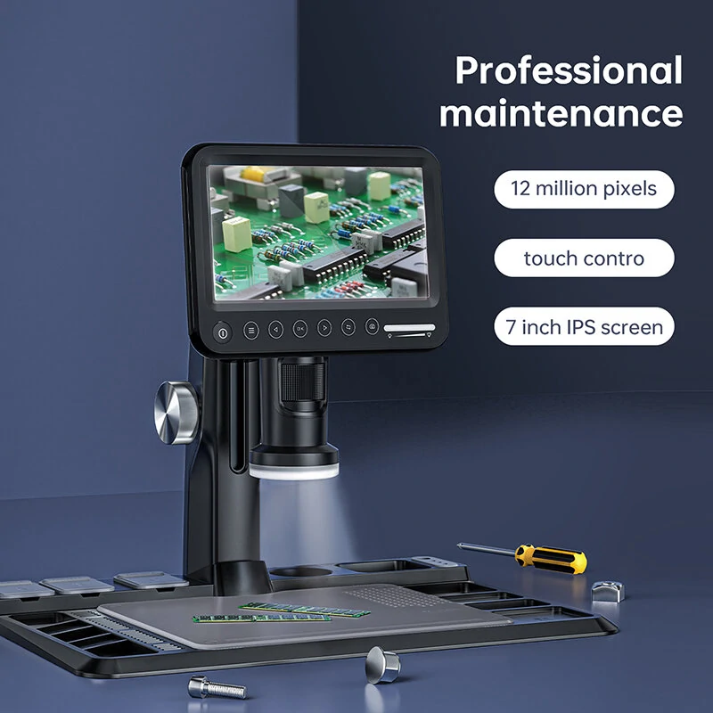Digital Microscope 1600X 12MP Camera Sensor Coin Microscope 7" Touch LCD Microscope with Wired Remote 28 LED Fill Lights For PC — view 2