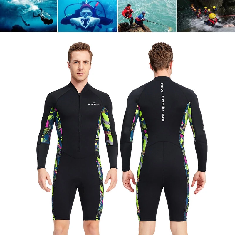 DIVE&SAIL Men's 1.5mm Neoprene Shorty Wetsuit UV Resistant Front Zip Long Sleeve Diving Suit for Snorkeling Swimming Surfing