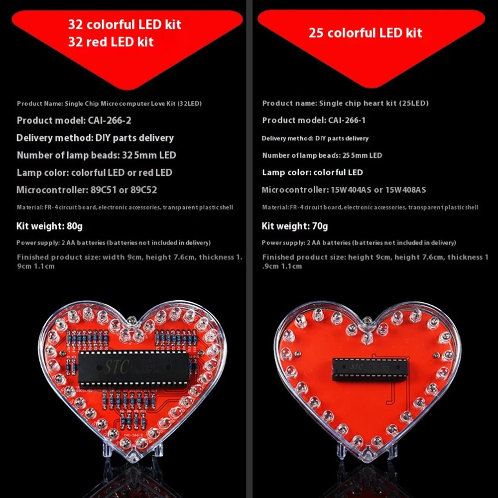 DIY Electronic Kit Heart-Shaped LED Flow Light 32/25 LEDs Colorful Light FR-4 Circuit Board Battery Powered Educational Project Electronics Soldering Practice — view 5