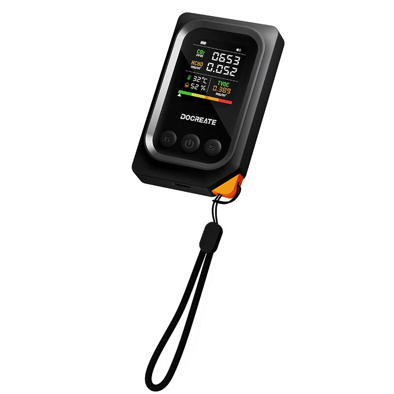 DOCREATE CD52 5-in-1 Portable Air Quality Monitor Real Time CO2 Formaldehyde TVOC Temperature Humidity Detector with Audio Alarm Rechargeable Battery Type-C Charging Air Tester — view 2
