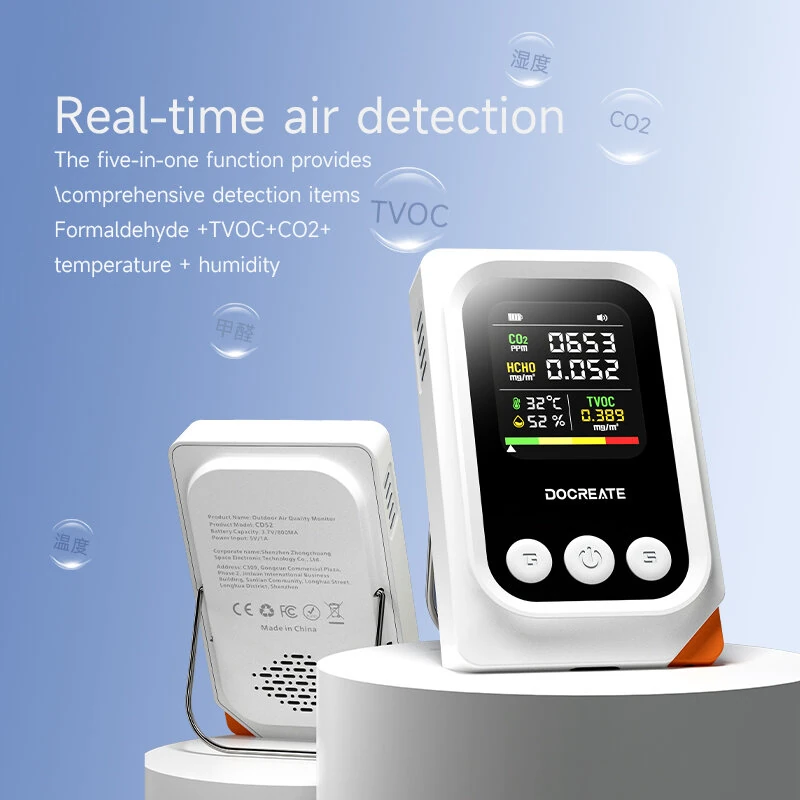 DOCREATE CD52 5-in-1 Portable Air Quality Monitor Real Time CO2 Formaldehyde TVOC Temperature Humidity Detector with Audio Alarm Rechargeable Battery Type-C Charging Air Tester — view 4